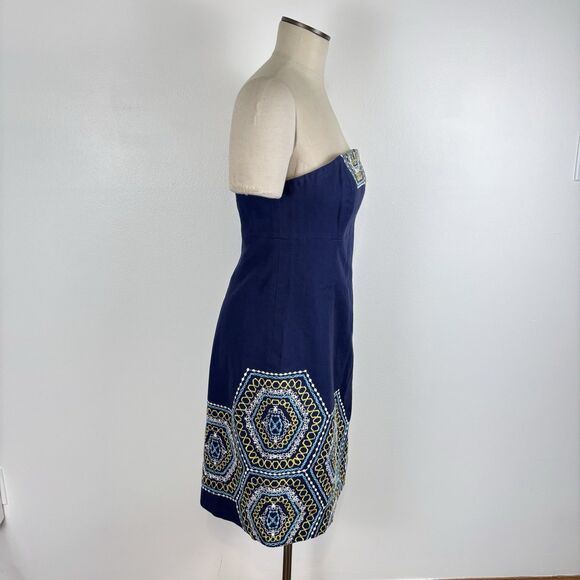 Lilly Pulitzer Bowen Geometric Embroidered Strapless Navy Dress Size 8 Cotton - Picture 5 of 10